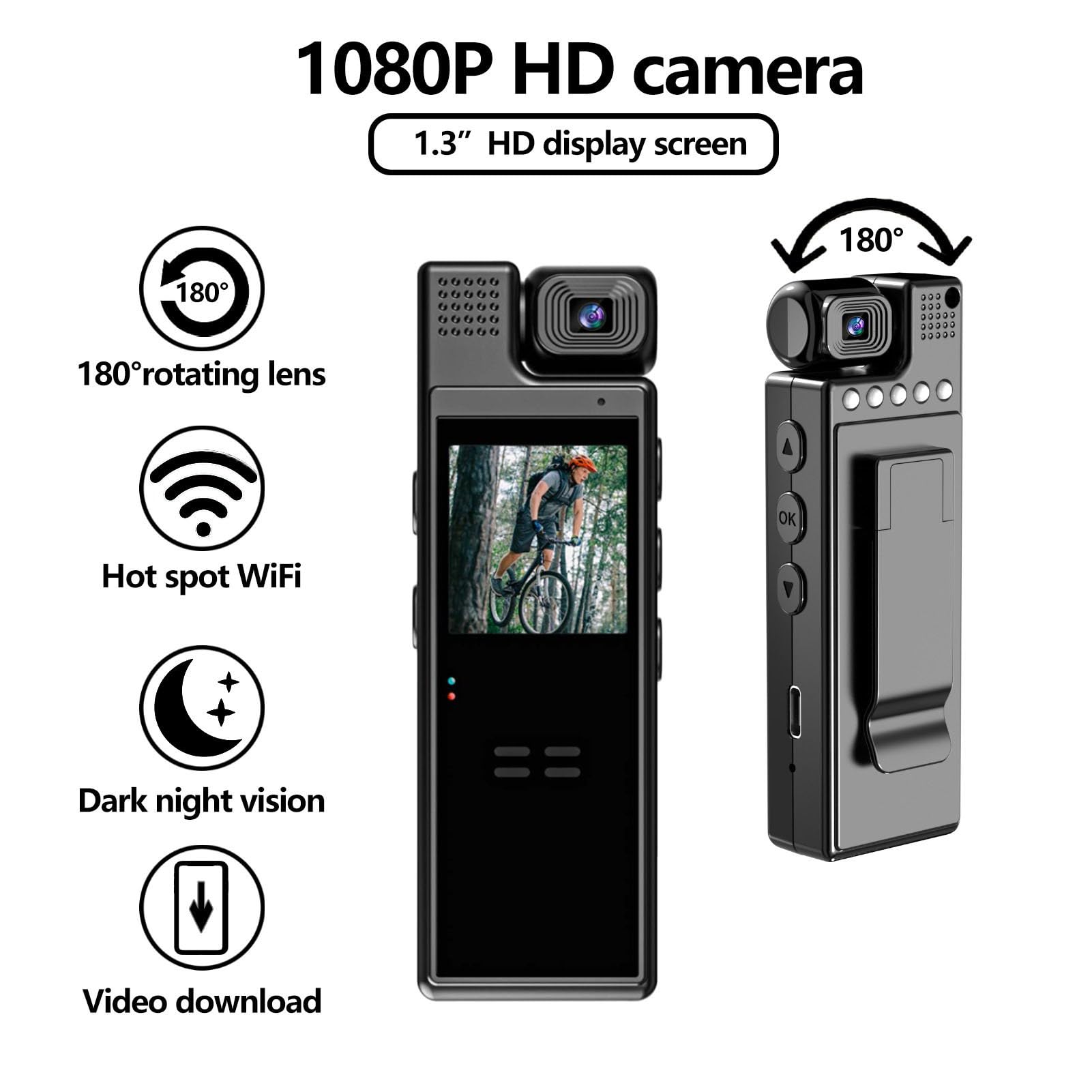 Caméra de Sport à Fixation arrière, étanche et résistante aux Chocs, enregistreur vidéo Portable 1080P avec Objectif Rotatif à 180° et écran de 1,3 Pouce, pour Le Cyclisme, la