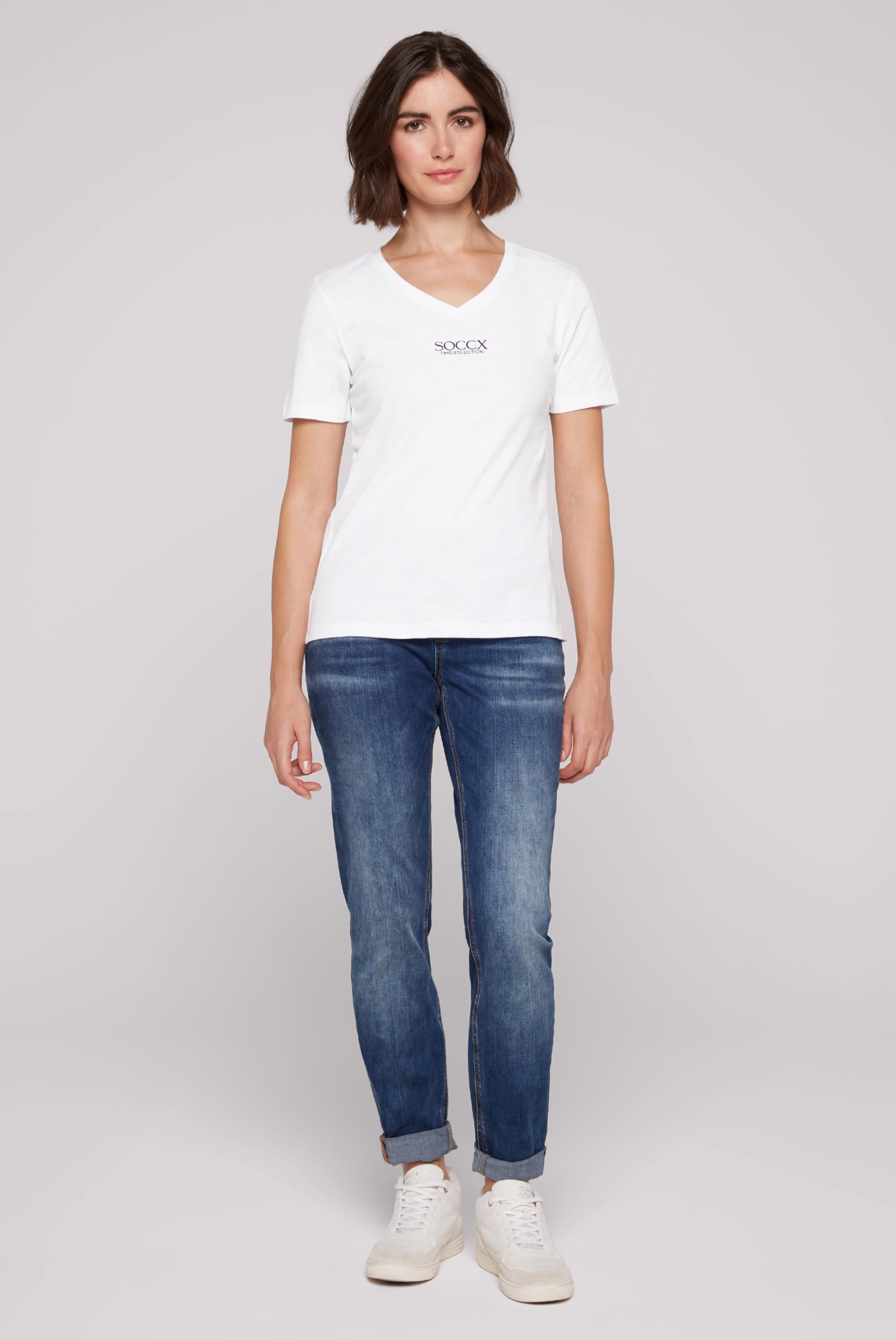 SOCCX Damen Basic T-Shirt mit V-Ausschnitt 100% Baumwolle Kurzarm Logo Print Oberteil