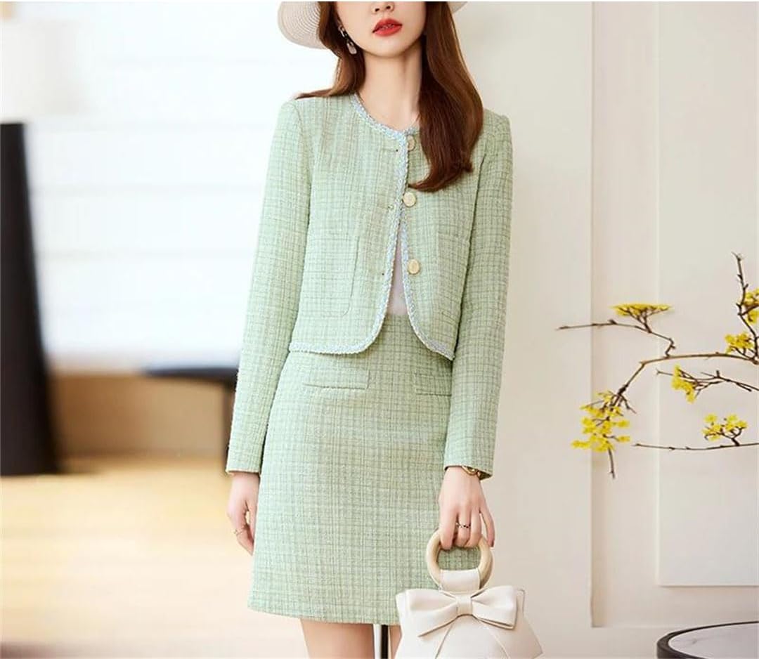 Womens Spring Beaded Small Fragrant Short Tweed Jacket Office Lady High Waist Skirts Suits