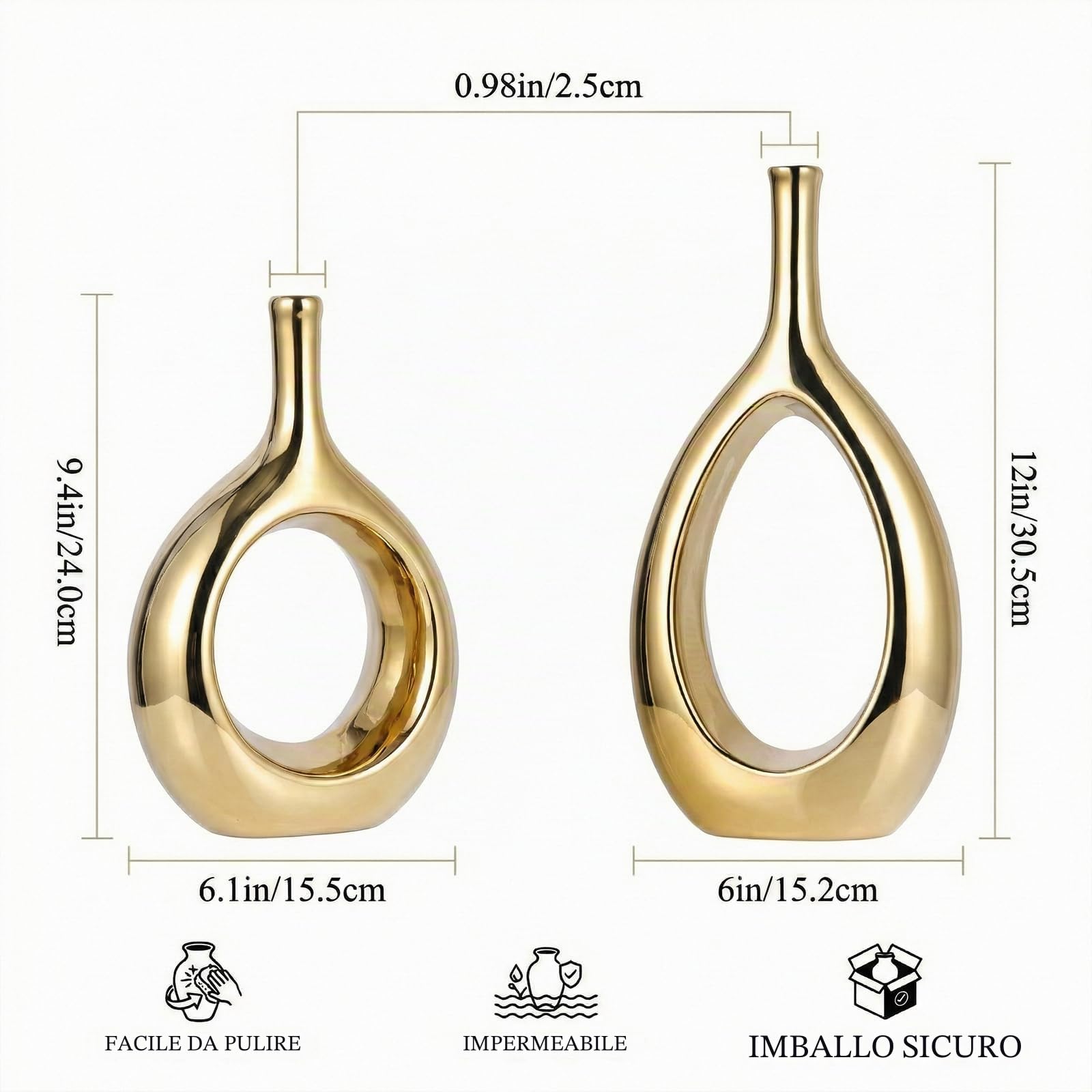 Set di 2 Vasi Moderni Decorativi in Ceramica Placcato Oro, Vaso Dorato con Design Aperto Centrale, Centrotavola Elegante per Soggiorno, Sala da Pranzo, Camera da Letto e Ingresso - Altezza 30.5 cm