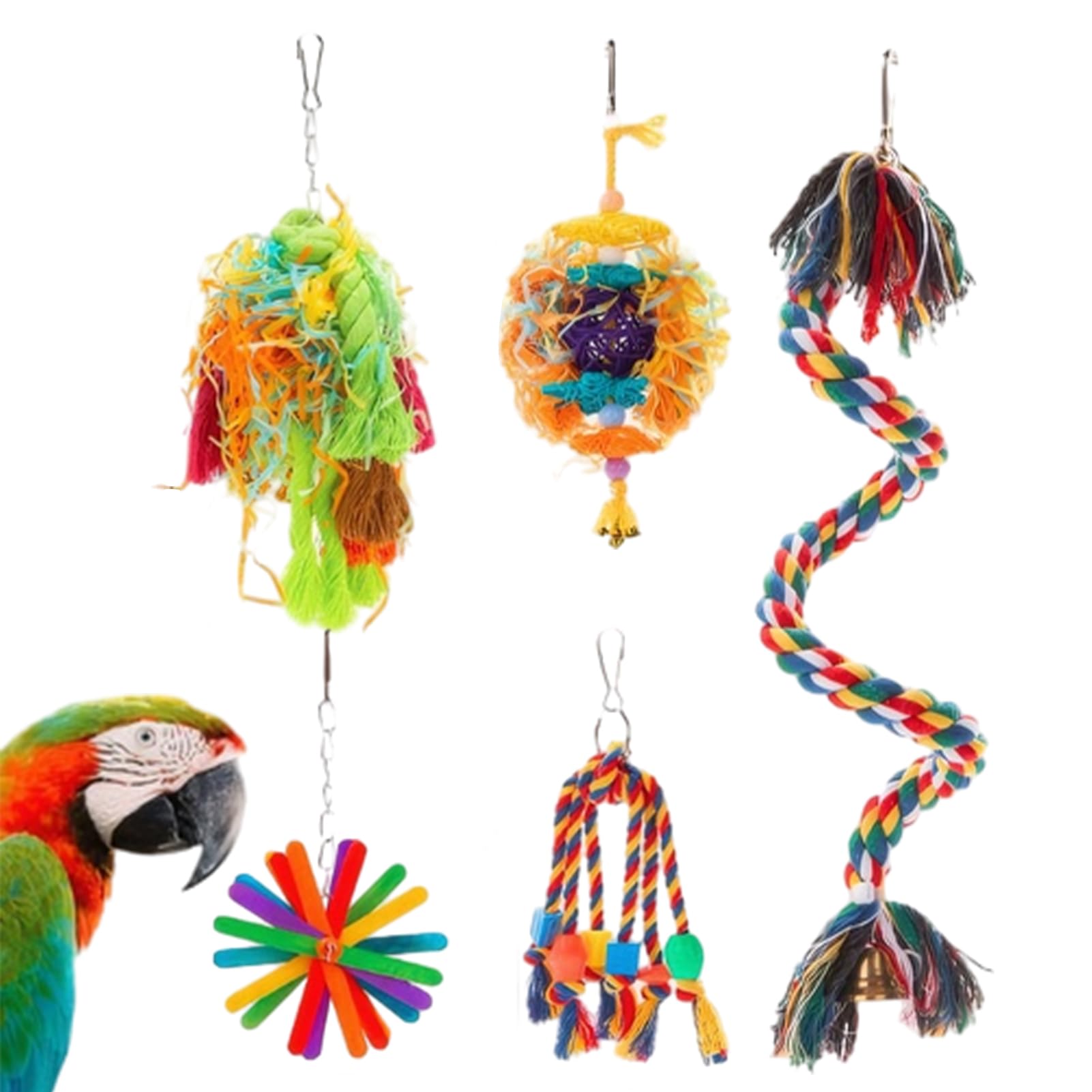 Vogelkauspielzeug | 5 Stück/Set Kauspielzeug für Sittiche | Kauspielzeug für Sittiche mit Baumwollse, Rattanball, buntes Käfigzubehör aus geschreddertem Papier für Sittiche, Wellensitti