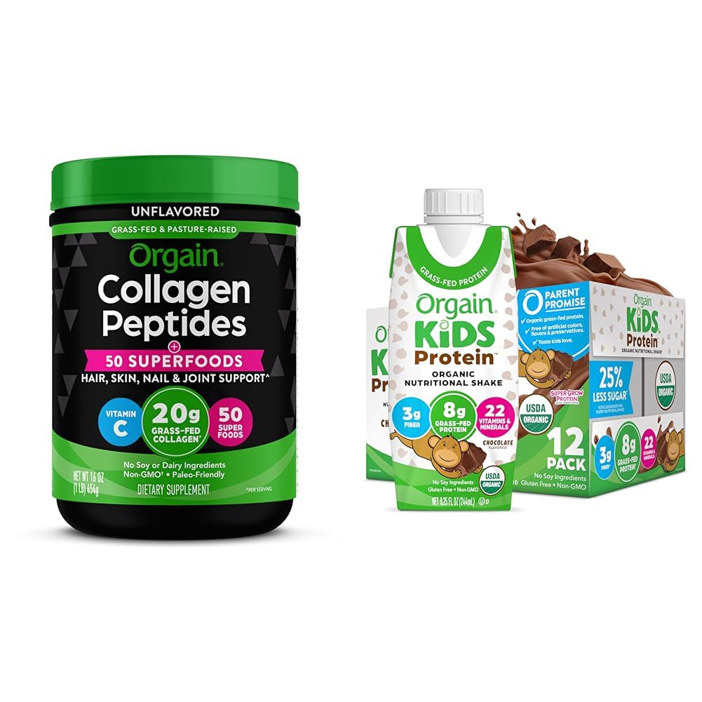 Bundle of Orgain Hydrolyzed Collagen Powder + 50 Organic Superfoods, 20g Grass Fed Collagen, 1lb + Orgain Organic Kids Nutritional Protein Shake, Chocolate, 8g