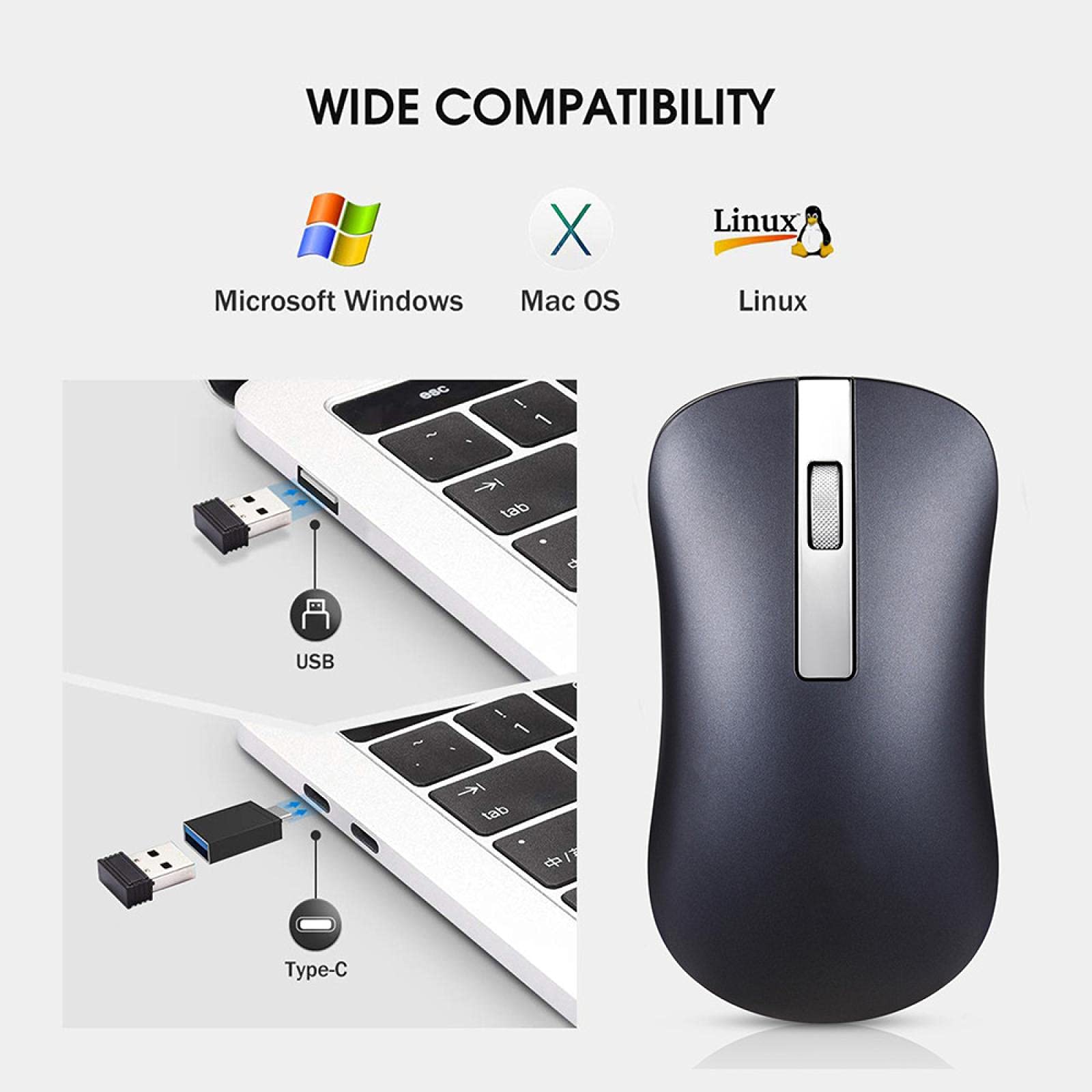 Ładowana mysz bezprzewodowa, mysz komputerowa jest cicha, nadaje się do komputera notebooka PC 2,4 GHz mini USB ergonomiczna bezgłośna mysz 2,4 GHz USB srebrna