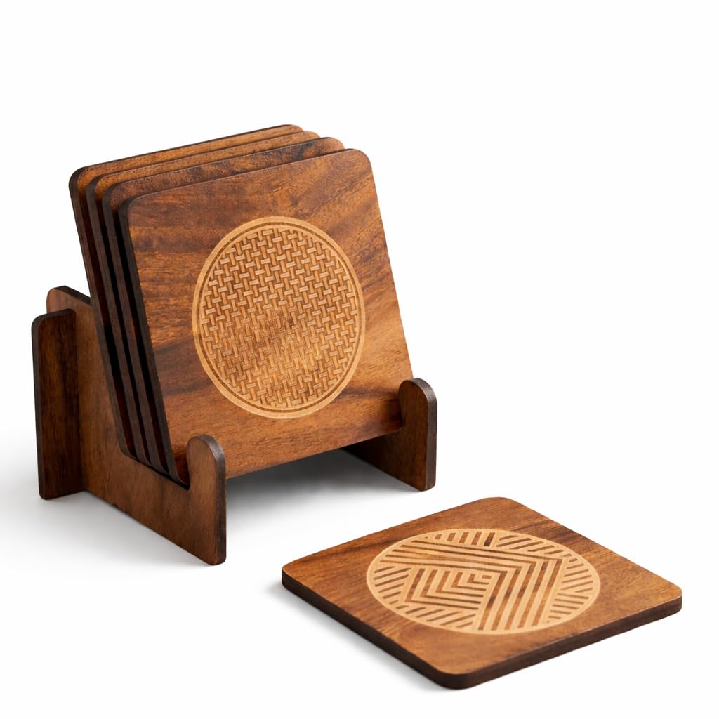 Premium Wooden Coaster Set of 6 with Stand | Laser Engraved Tea Coffee Cup Coasters | Table Protection Drink Coaster | Heat Resistant Wood Coaster for Home & Office-image-17