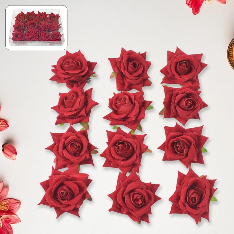Image of Artificial Velvet Rose Flower Heads for Decoration, Craft, DIY Projects, Home Decor, Wedding and Festival Decoration, Pack of 12
