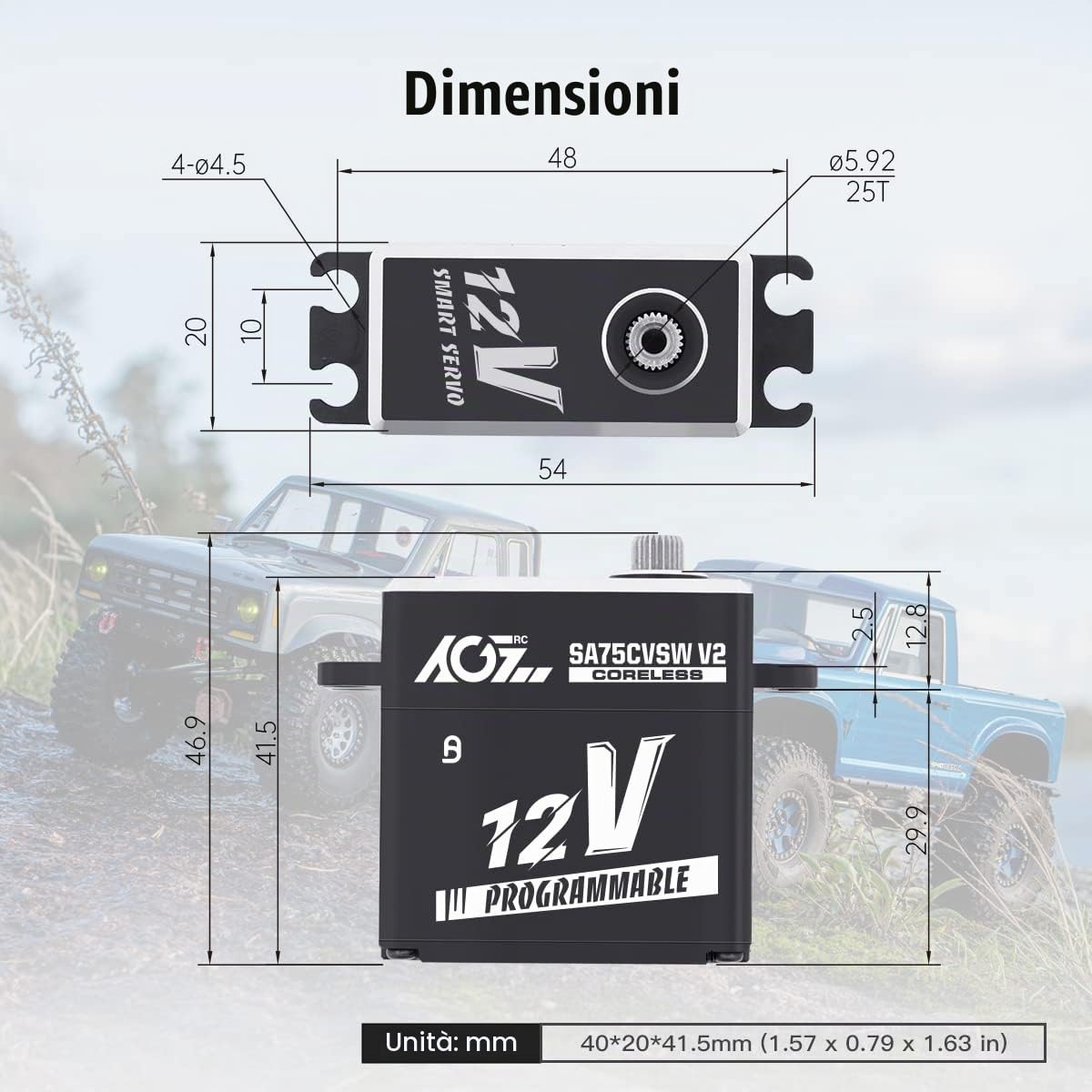 AGFRC 45KG Waterproof Digital Servo High-Torque - Programmable 12V Metal Gear Coreless Servo for 1/8 1/10 RC Models, Control Angle 180° (SA75CVSW V2)