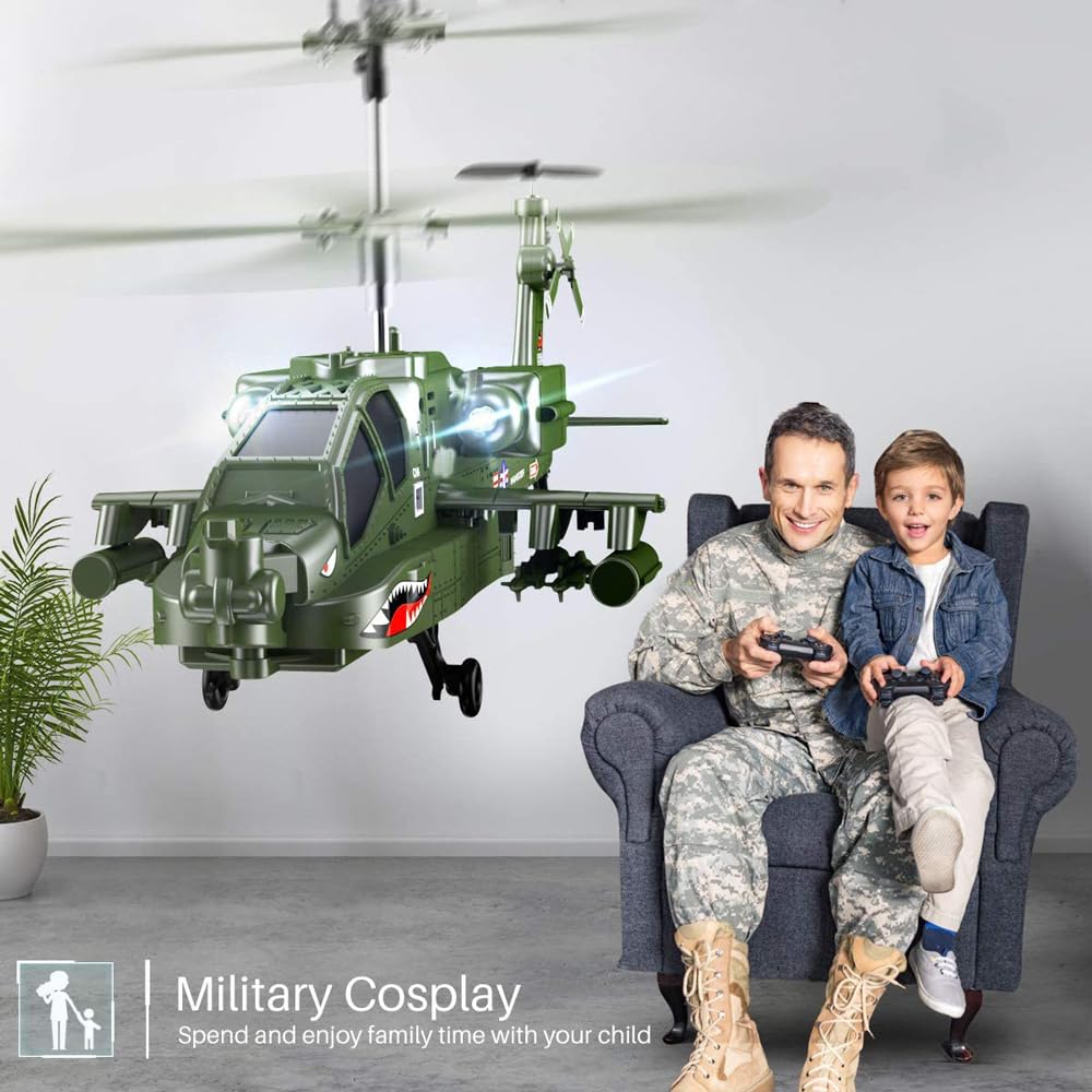 Aereo RC 2.4GHZ Elicottero RC Apache Modello di Caccia Militare Simulazione Aereo Militare RC Aereo RC a 3.5 canali con giroscopio per Principianti Aereo Giocattolo Elettrico per Interni