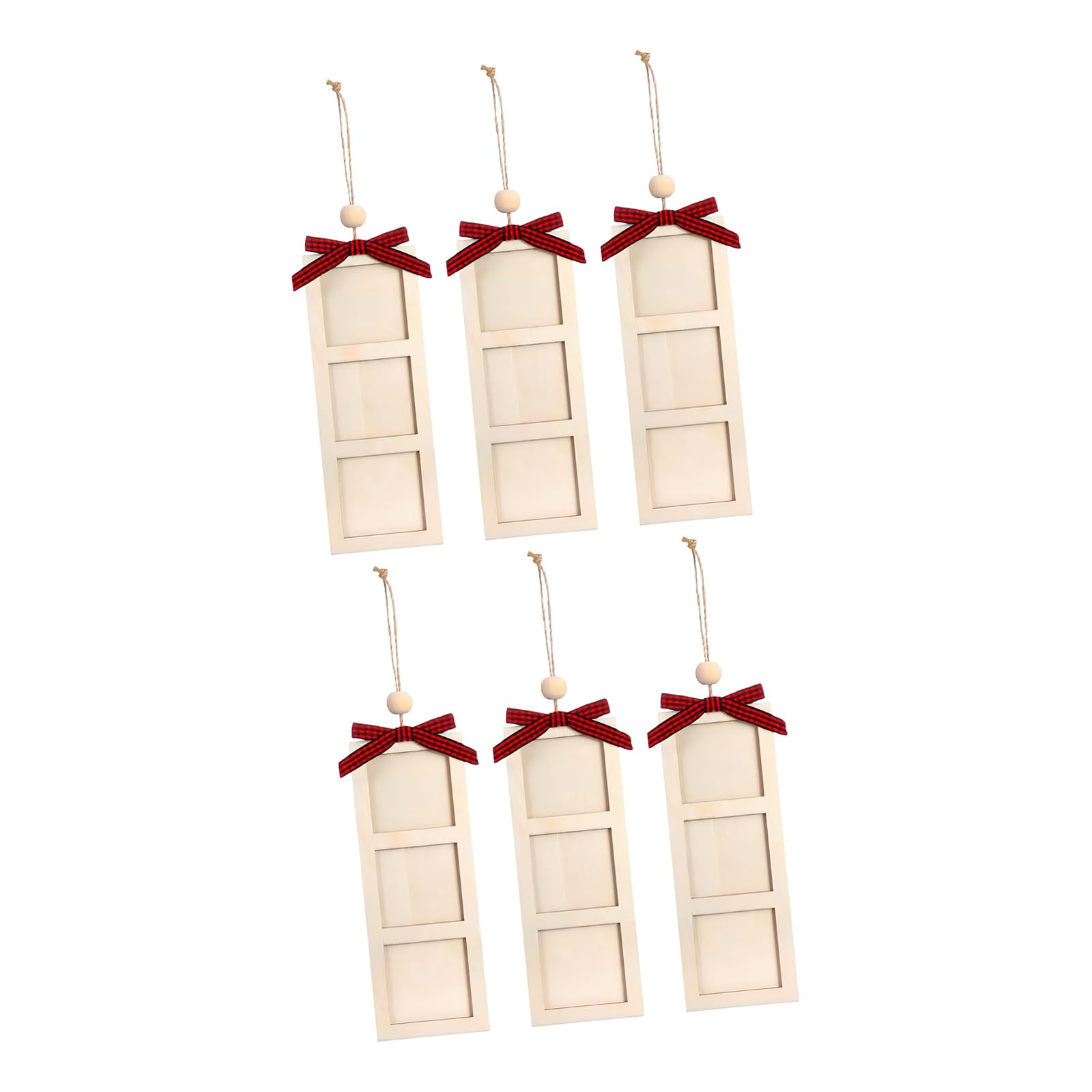 Kalttoy Wooden Picture Frames Christmas Tree Hanging Ornaments 6Pcs Memory Photo Strips with Bowknot for Festives Space Decors Wooden Christmas Tree Photo Ornaments