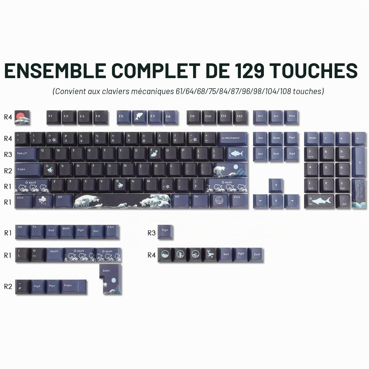 Sunzit PBT Touches personnalisées, 129 touches, profil de cerisier corail, sublimation, brillantes, imprimées sur les côtés, pour clavier de jeu mécanique ISO/ANSI UK (noir)