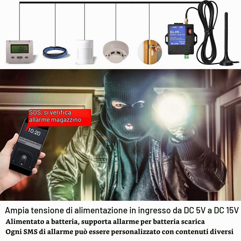 8 Canali GL09 Sistema di Allarme a Batteria con Controllo Applicazioni GSM SMS - Sicurezza Magazzino Domestico