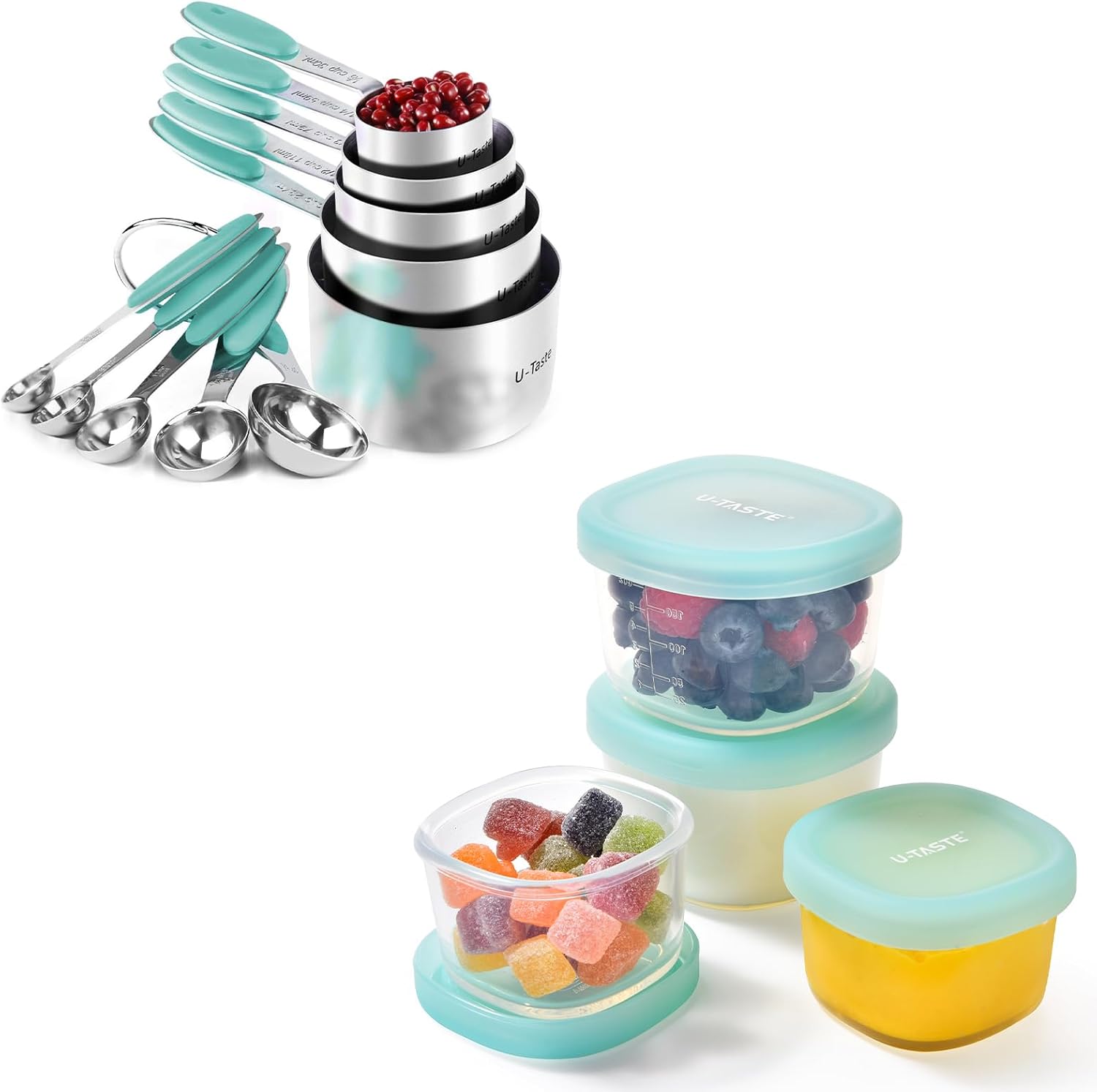 U-Taste 18/8 Stainless Steel Measuring Cups and Spoons Set of 10 and 3oz 6oz Small Storage Containers Food Grade Liquid-Silicone Freezer Box Set of 4 (Aqua Sky)