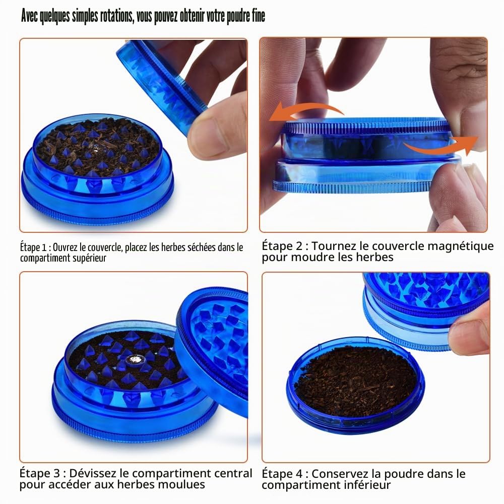 Pack x6 Moulins à herbes en plastique, Grinders 2,4 pouces (60mm), Grinder à 3 pièces, incluses couvercle magnétique et compartiment de rangement hermétique