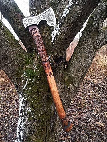 AXE003AM FS Crafts 25.00" Custom Handmade Viking Axe Carbon Steel Hunting Axe Hand Forged Viking Axe Hatchet with Leather Sheath Ragnar Engraved Handle Outdoors Fishing Camping Knife