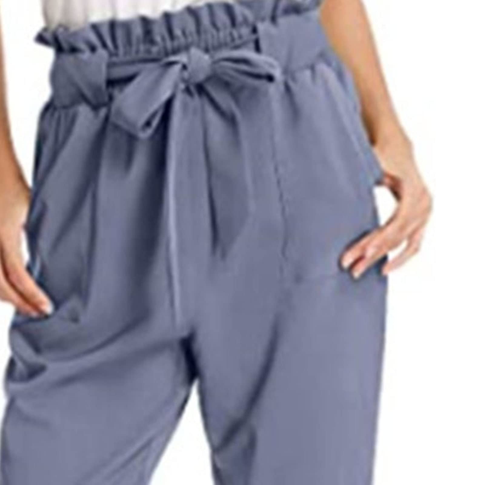Maiyifu-GJ Women's High Waist Paper Bag Pants Solid Self Tie Belted Pencil Trouser Casual Drawstring Long Pants with Pocket (Light Blue,Small)