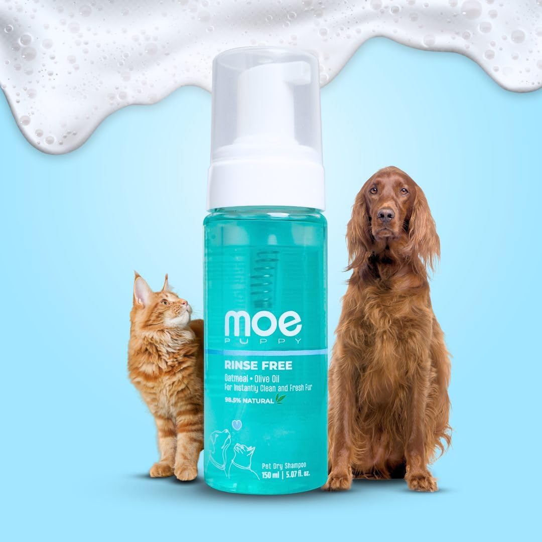 Moe Puppy Waterless Dry Shampoo for Dogs & Cats | Cleansing & Conditioning, Detangling & Moisturizing | Quick Odor Removal | Safe for Puppies & Kittens (150 ml)