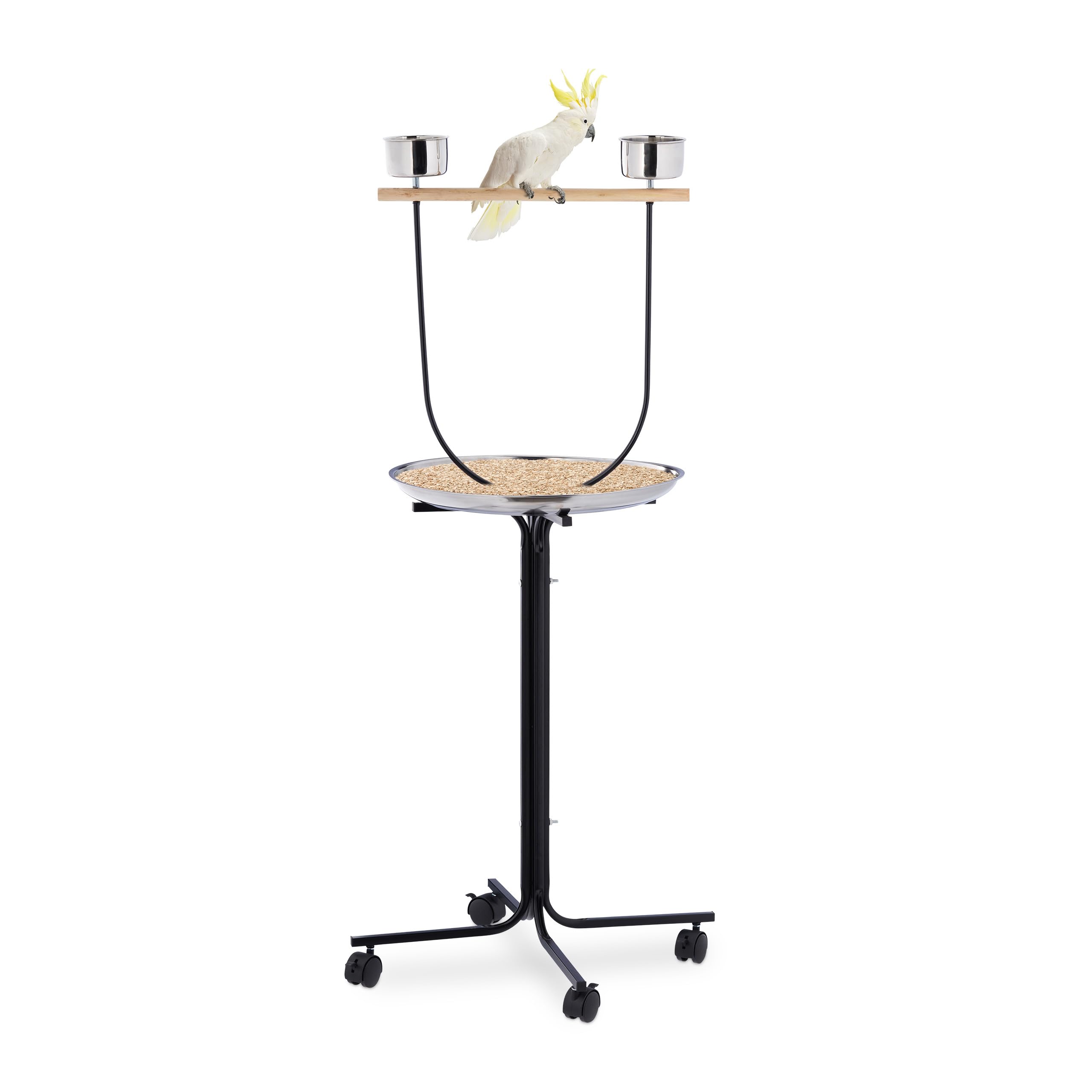 Relaxdays Trespolo per Pappagalli Grandi, XL, Posatoio, Asta, 2 Mangiatoie, Vaschetta, con Rotelle, Metallo, Nero