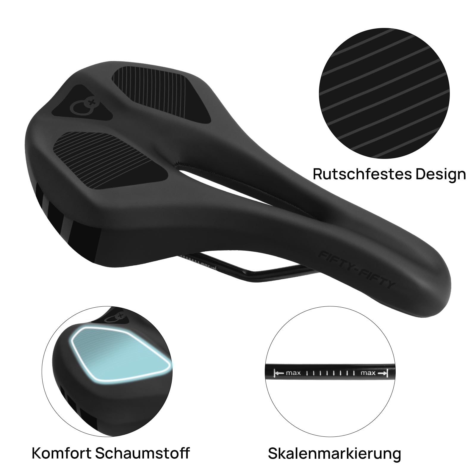 FIFTY-FIFTY Fahrrad Sattel, Komfortabler Memory Foam MTB Sattel, Atmungsaktiver wasserdichter Fahrradsattel für Männer und Frauen, Kompatibel mit MTB, Rennrad, E-Bike