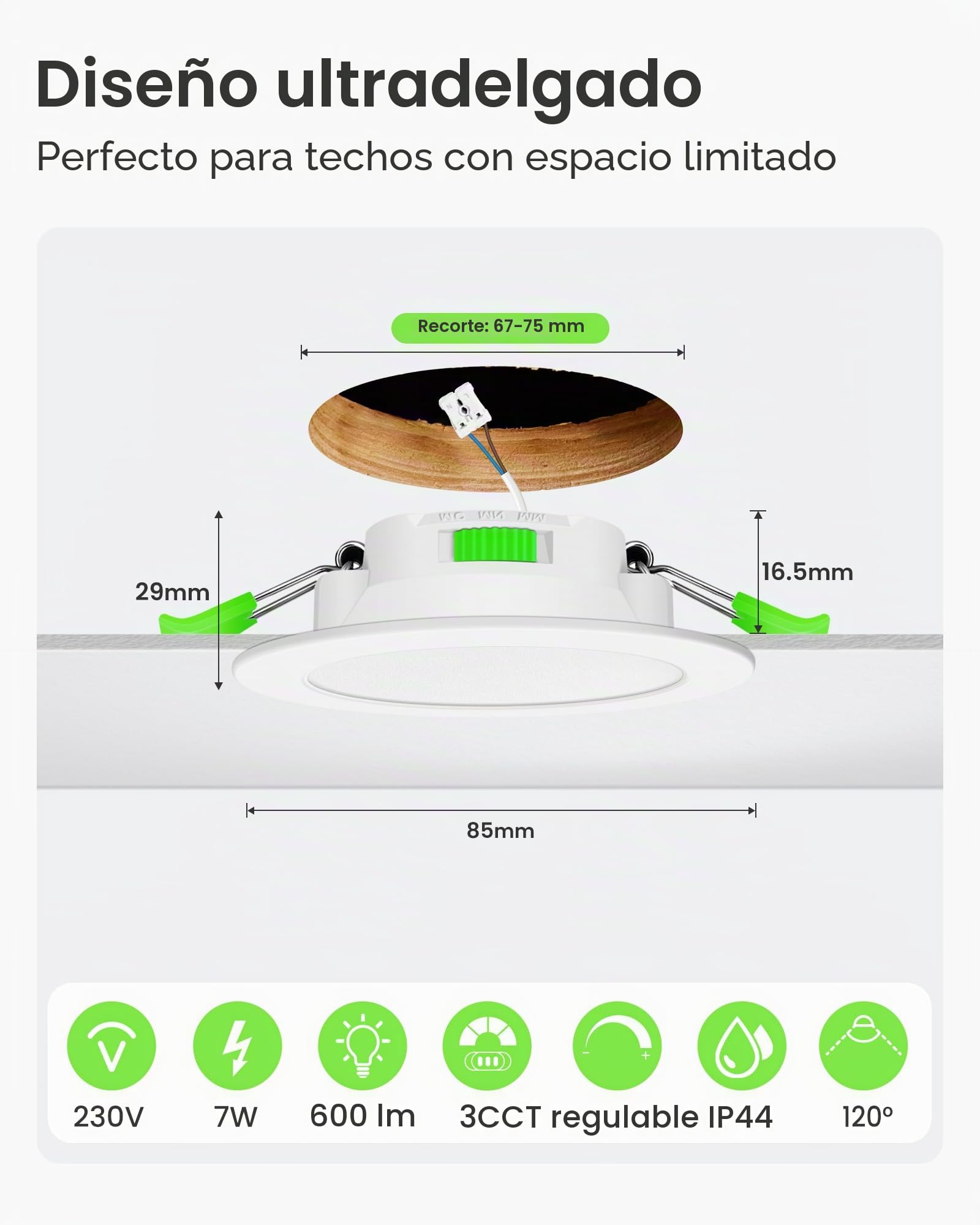 ALUSSO Downlight LED Techo Empotrable Regulable, 7W IP44 Focos Interior Techo Empotrado 3000K 4000K 6500K Ajustable, Ultradelgado 29mm, φ67-75mm, Ojos de Buey Baño Salón, 6 Pack