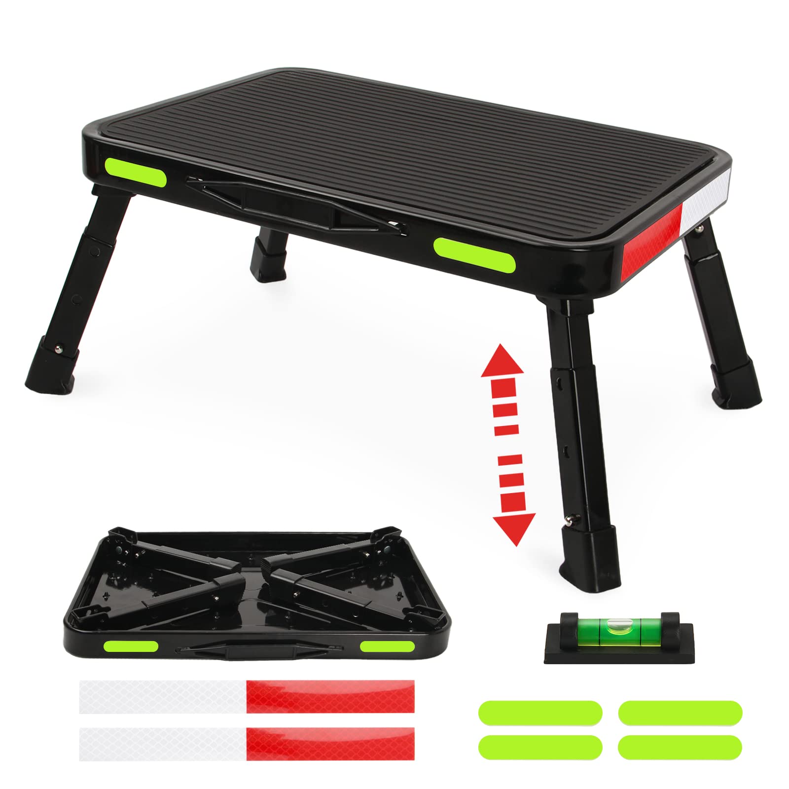 OPSOOPI Safety Rv Step Stool, Adjustable Height Folding Steps Stools for Adults, Aluminum Step Platform with Anti-Slip Surface for Camper Steps, Household, Supports Up to 500lbs (Black)