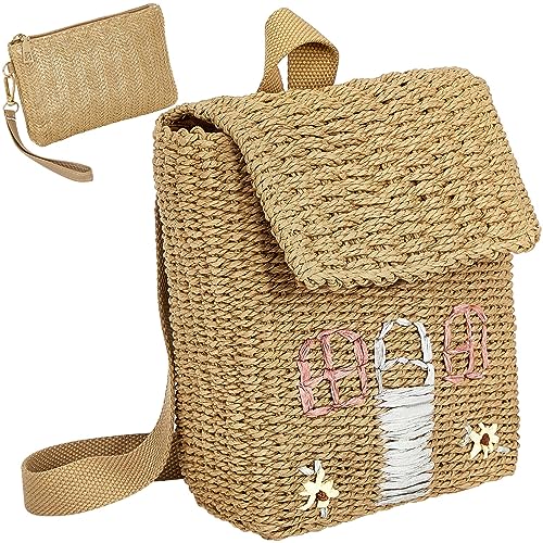 2 Pcs Kids Straw Backpack & Clutch Handbag - Woven Mini Bohemian Cute Little House Straw Backpack for Girls