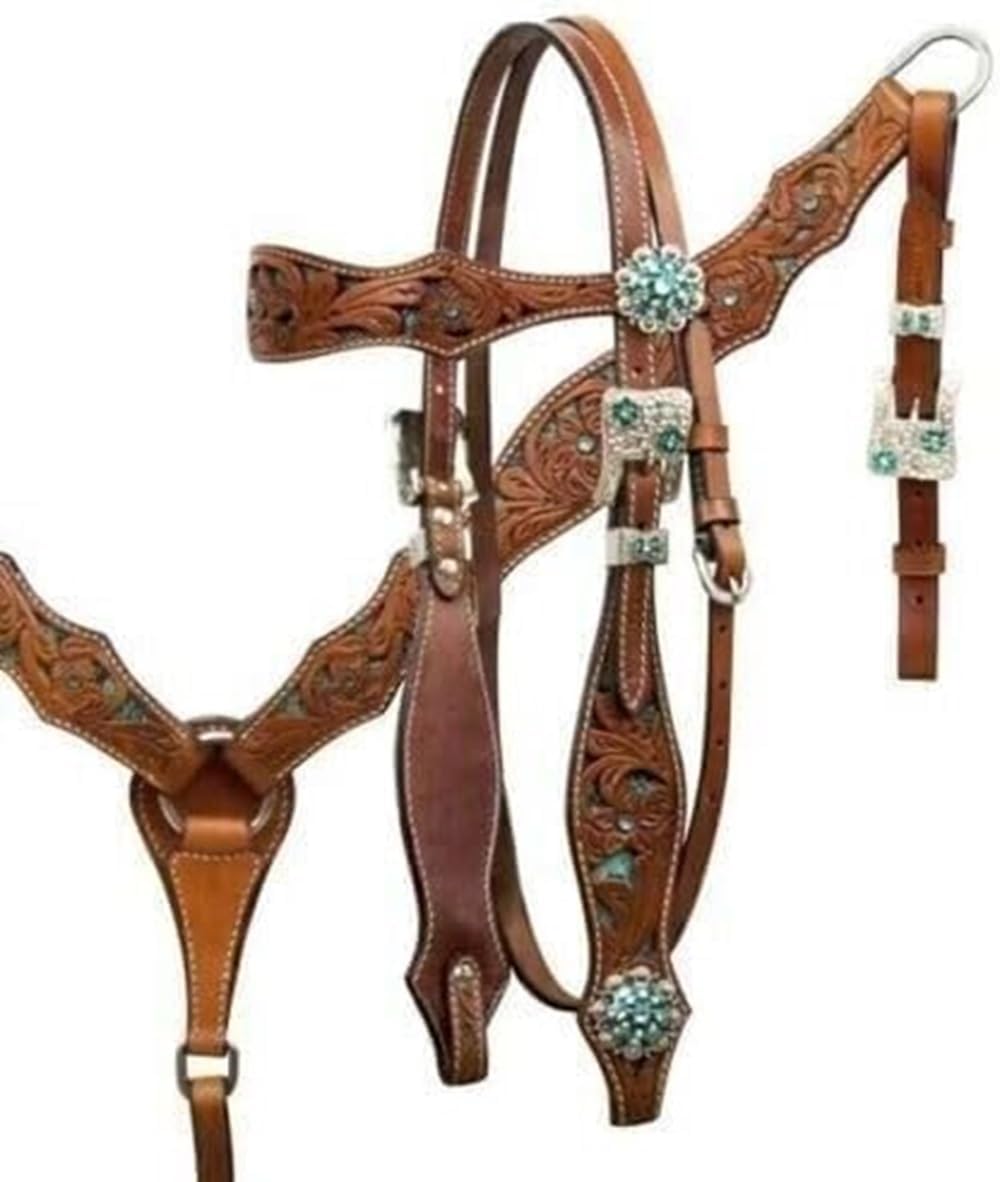 Western Leather Hand Tooled Headstall and Breast Collar Set with Reins. /Size-Full,Cob,Pony AM-02