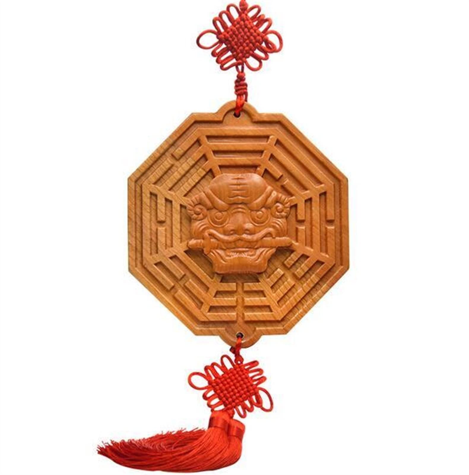 CHAKEUZND Chinese Feng Shui Mirror,Bagua Mirror, Entrance 16.5cm Mahogany Carved Tiger Head Bite Sword Beast Head Bring Good Luck Business Bagua Mirror