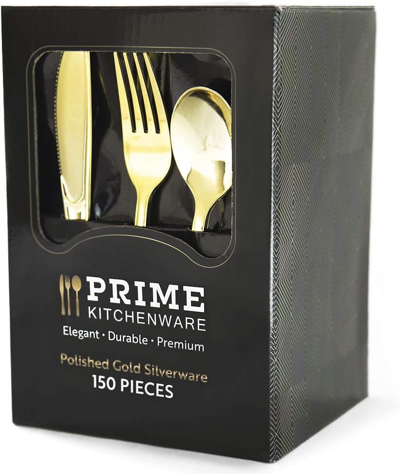 150 Gold Plastic Silverware Set - Gold Disposable Silverware - 50 Gold Plastic Forks, 50 Gold Plastic Spoons, 50 Gold Plastic Knives - Heavy Duty Bulk Cutlery for Party, Birthday, Weddings