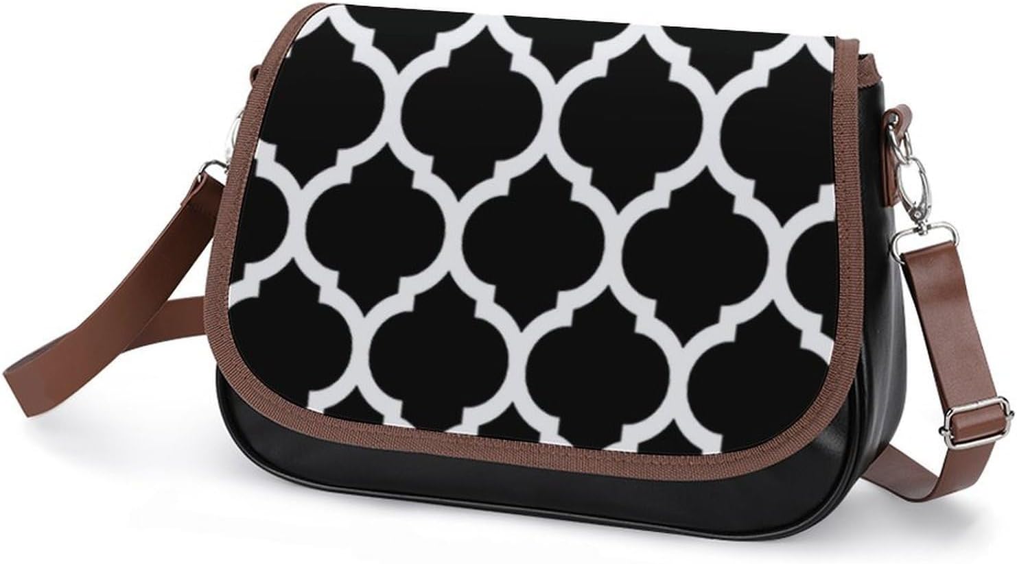 Elegan Black White Moroccan Quatrefoil PatternWomen's Faux Leather Crossbody Bag, Waterproof Wrinkle-Resistant Shoulder Bag with Detachable Strap, Large Capacity Casual Handbag, Fashion Daily Purse Fo