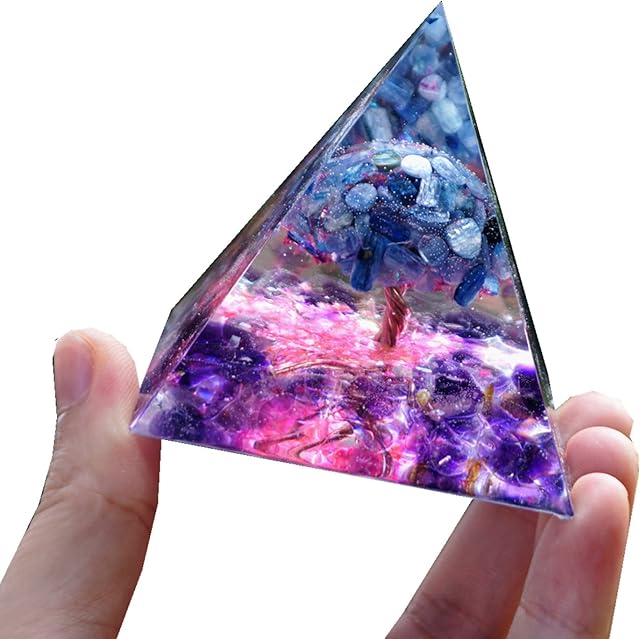 Kyanite Quartz Tree of Life Orgonite Pyramid with Amethyst Positive Reiki Chakra Energy Generator Crystal Healing Orgone Pyramids Wealth Lucky Meditation Tool