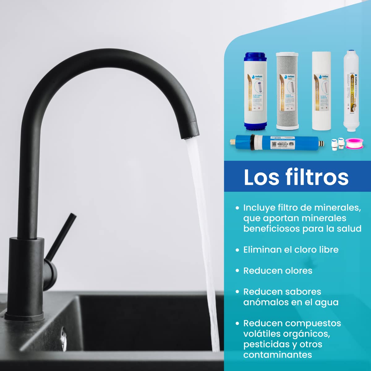 Kit de 4 Filtros Universales para Osmosis Inversa - Incluye Membrana Vontron y Rollo de Teflón - Ideal para Equipo de 5 Etapas Universal - 50GPD - Nature Water Professionals