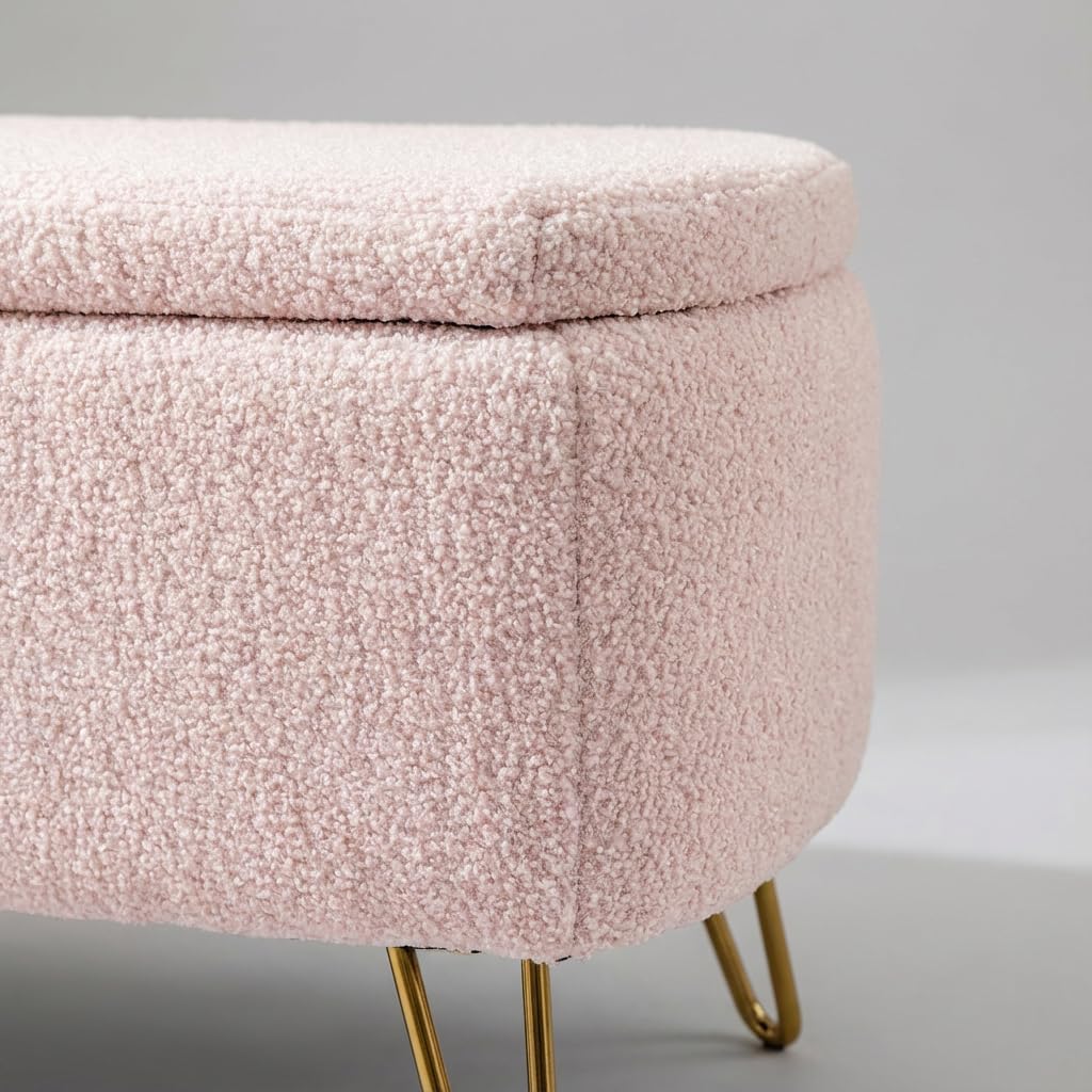 Luxury Pink Storage Ottoman Bench, Faux Fur Upholstered, Gold Metal Legs, Living Room Bedroom Storage Bench with Safety Hinge, 39x16x16 Inches