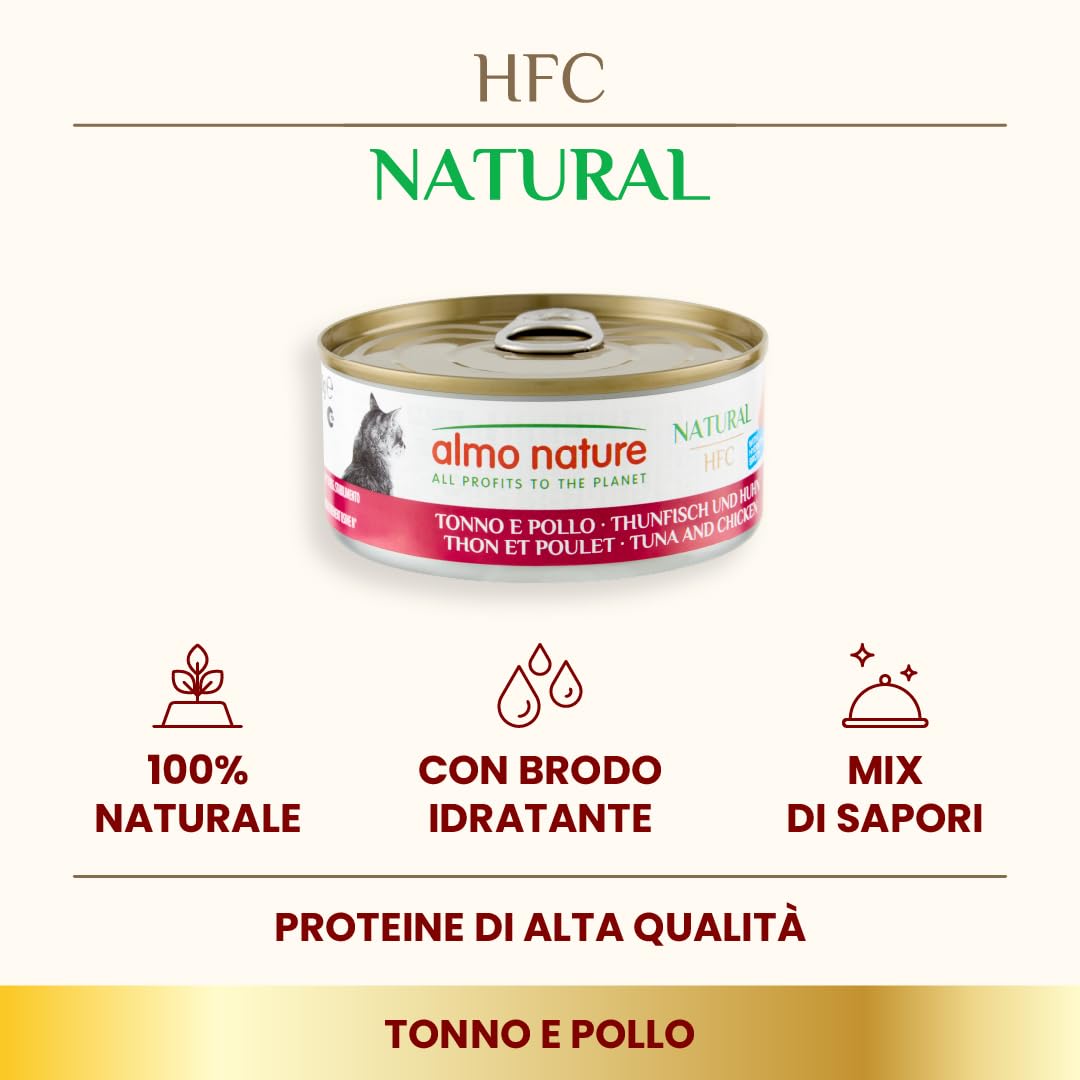 Almo Nature HFC Natural, Alimento Umido per Gatti - Tonno e Pollo - Confezione da 3.6 kg (24 x 150 g)