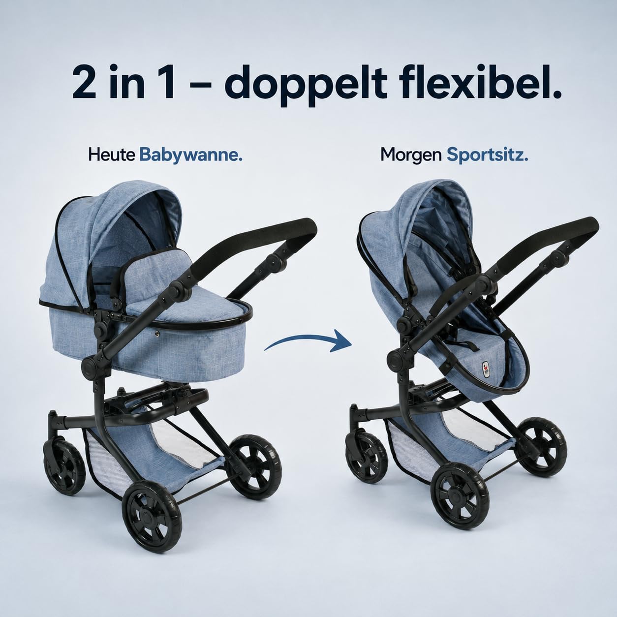 Bayer Chic 2000 - Cochecito de muñecas Mika, 2 en 1, para niños de 4 a 8 años, azul vaquero, 73 x 41 x 82 cm