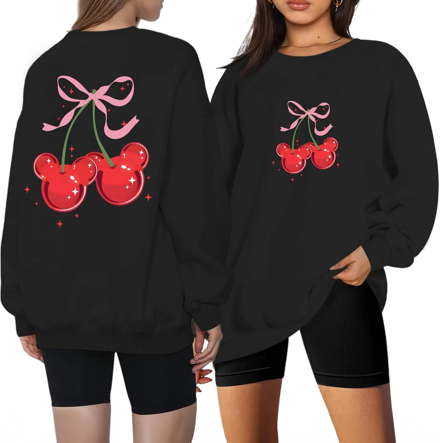 Magical Sweatshirts for Women Oversized Cherry Bow Graphic Long Sleeve Shirt Holiday Vacation Cute Pullover Tops