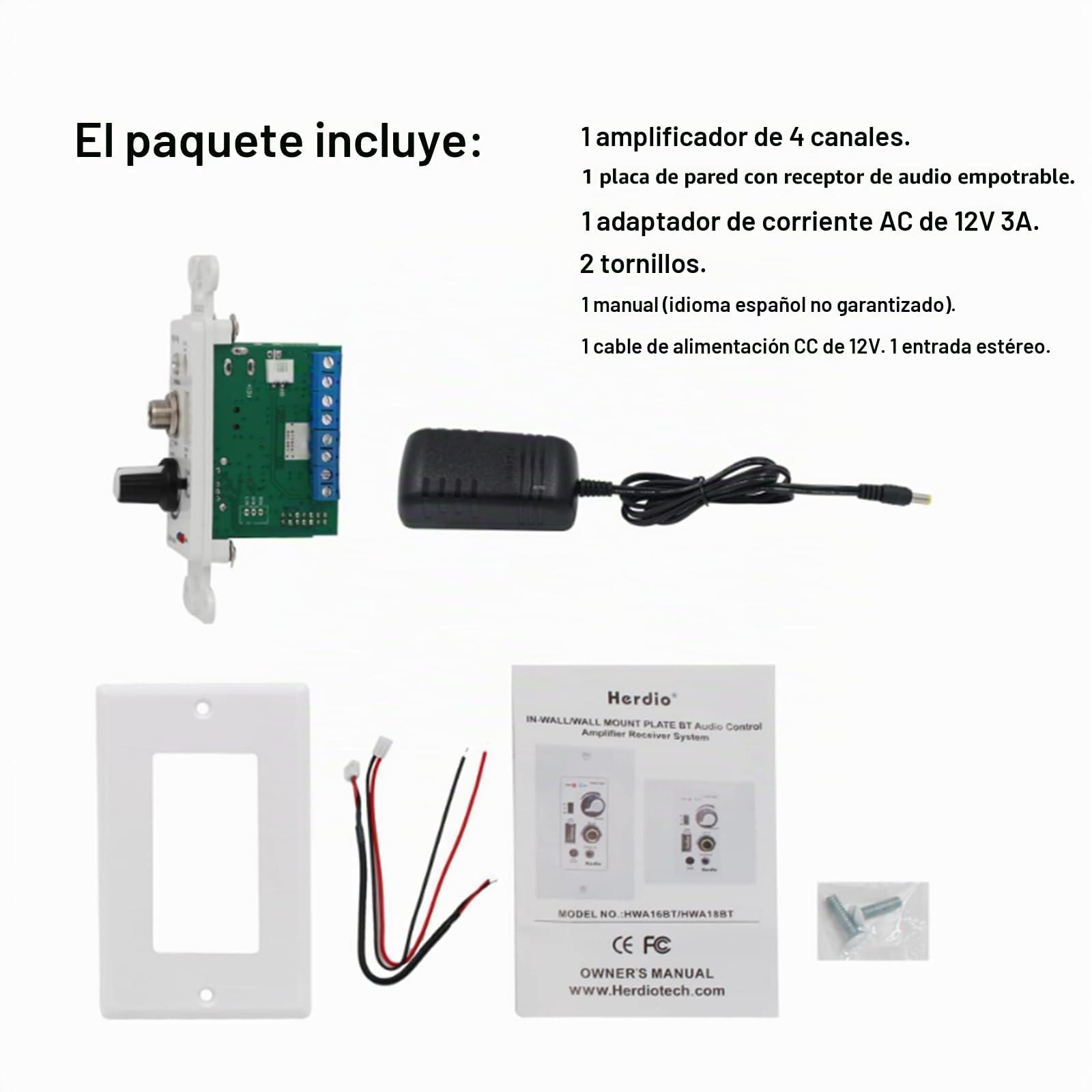 Herdio Bluetooth Wall Amplifier 4 Channels Volume Control Wall Plate USB/Mic/AUX(3.5mm) Inputs Connect 4 Speakers with 12V 3A Power Supply,HWA-16BT-4CH