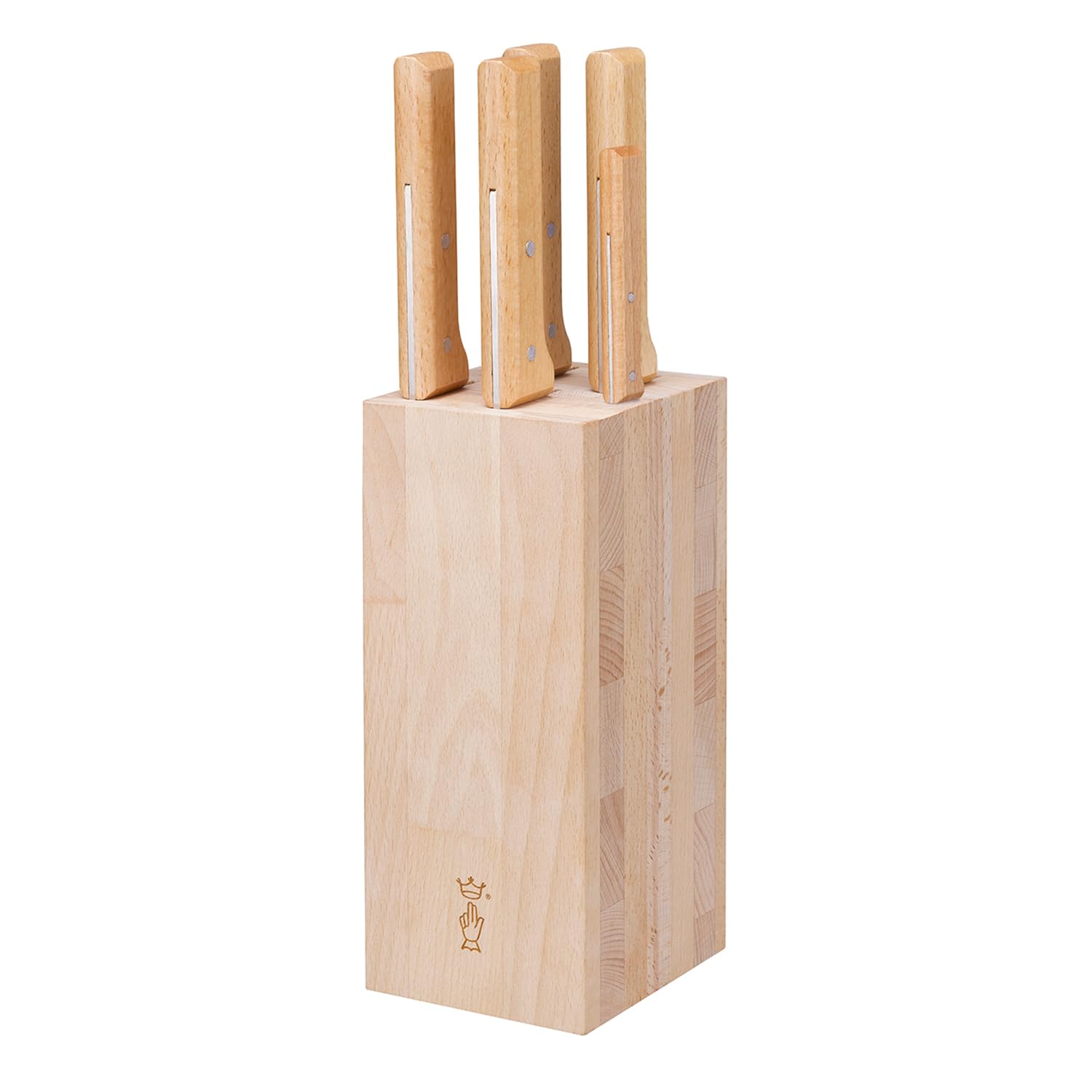 Opinel Parallele - Set di 5 coltelli da cucina con ceppo, lame in acciaio inox ad alto tenore di carbonio, manici in legno di faggio (blocco da 5 pezzi, coltello da pane)