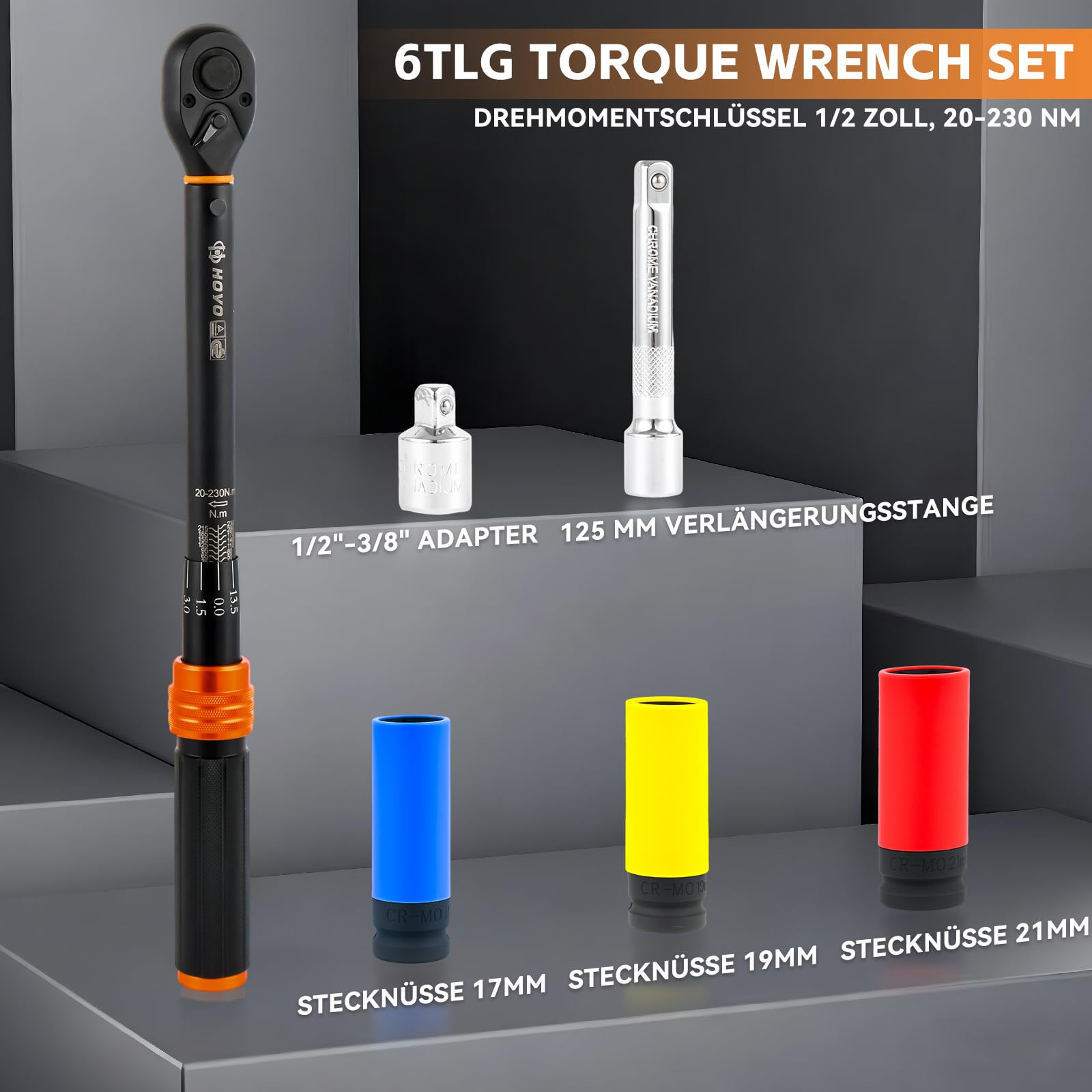 Warmfay Chiave dinamometrica 1/2", 20-230NM Torque Wrench Set ±3% di precisione di errore con 72 denti Cricchetto reversibile, 6 pezzi con prolunga da 12,5 cm, adattatore da 1/2"-3/8" e 3 bussole