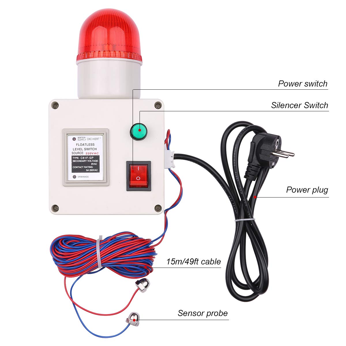 Wasserstandsanzeigealarm Wasserstandalarmsensor Wasserleitungsanzeigealarm Alarm für niedrigen und hohen Wasserstandsensor mit Lautstärkeregler des Schalldämpfers