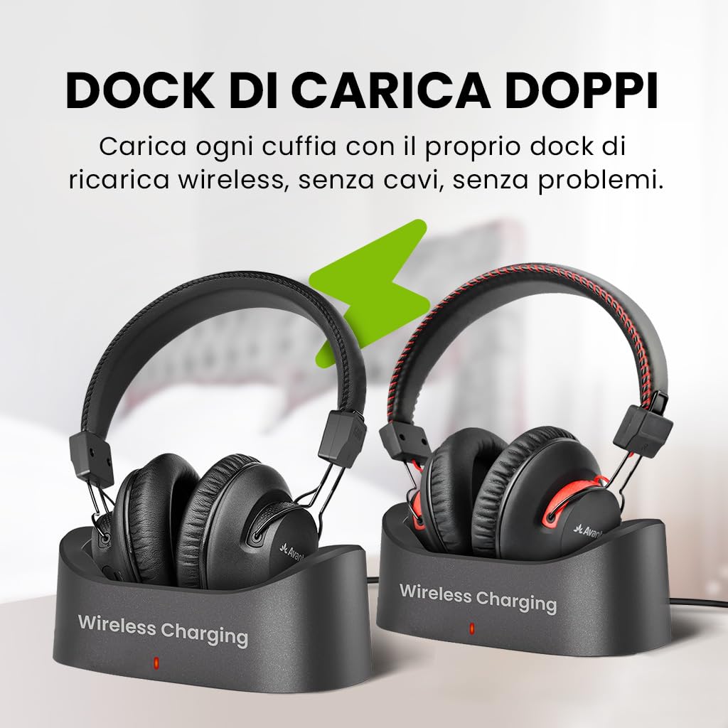 Avantree HT41899 Plus 2 - Cuffie wireless Dual Bluetooth 5.3 per TV con trasmettitore e dock di ricarica, 50 ore di autonomia, aptX Adaptive compatibili con TV (Opt o AUX Out)