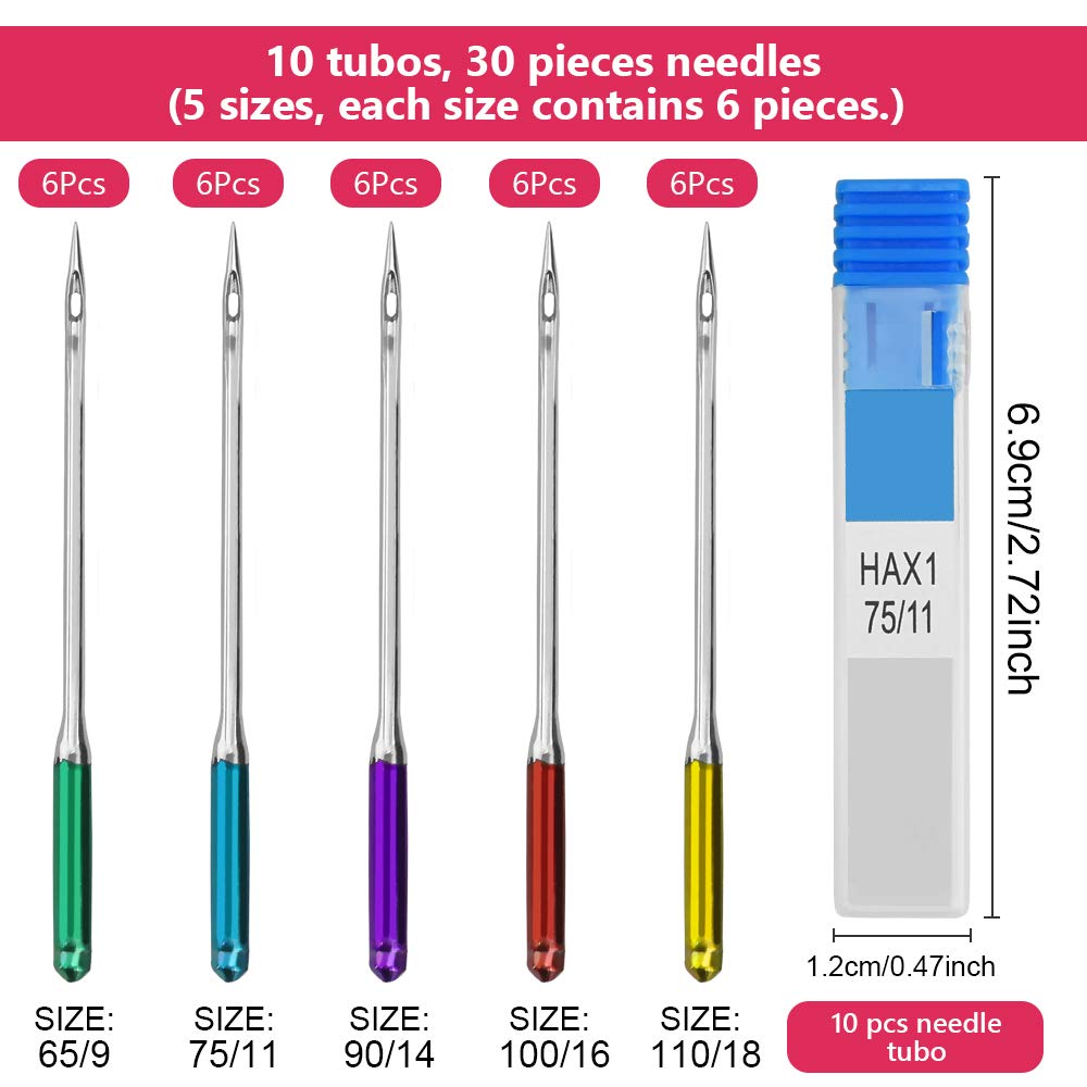Lot De 30 Aiguilles Universelles à Pointe Régulière Pour Machine à Coudre Singer, Brother, Janome Avec Tailles HAX1 65/9, 75/11, 90/14, 100/16, 110/18