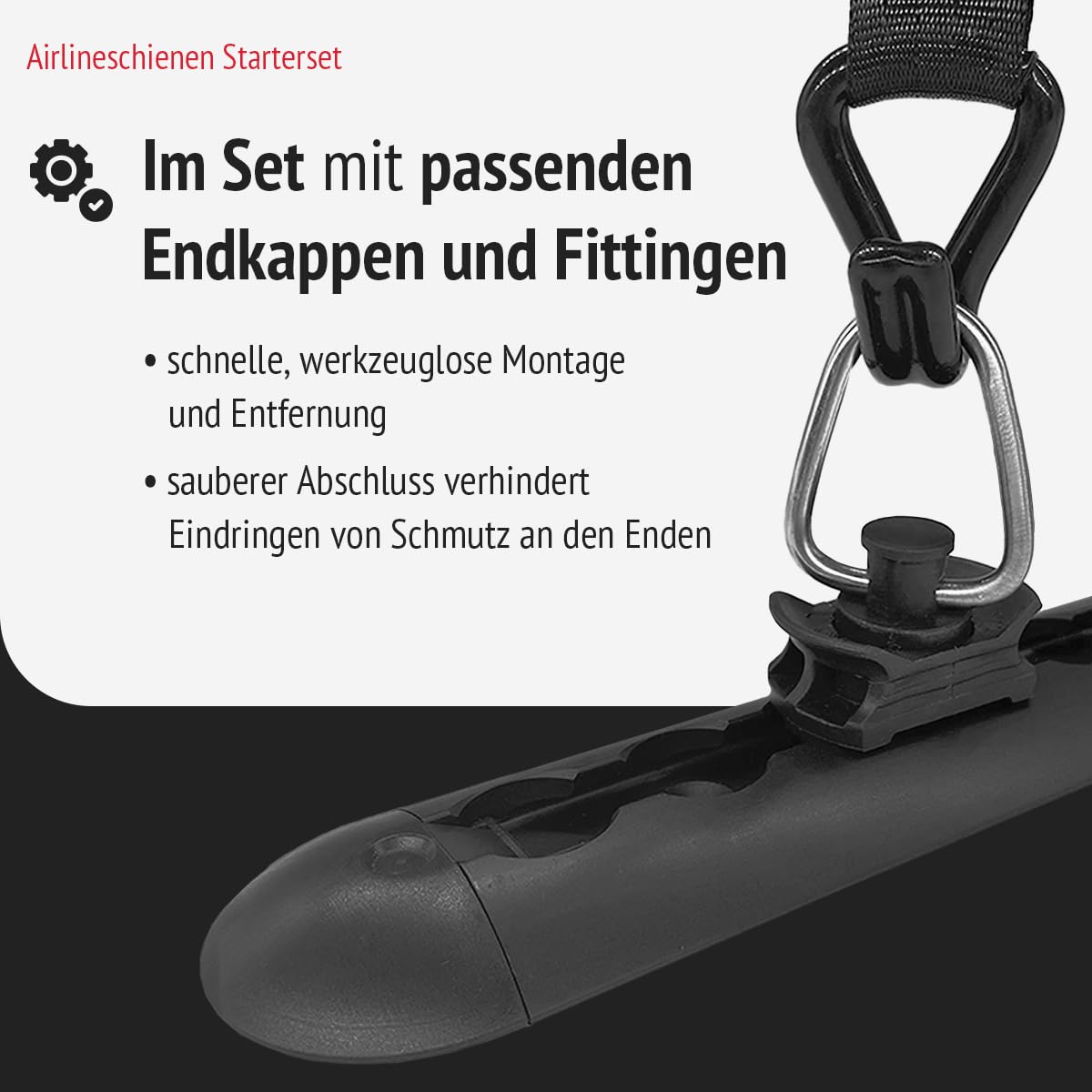 Airlineschienen mit Endkappen und Fittingen, 1.0 m, schwarz KTL-beschichtet, gebohrt, halbrund, 50 x 11,5 mm | Zurrschiene | für Transporter, Wohnwagen, Sprinter, (Starterset 1.5)