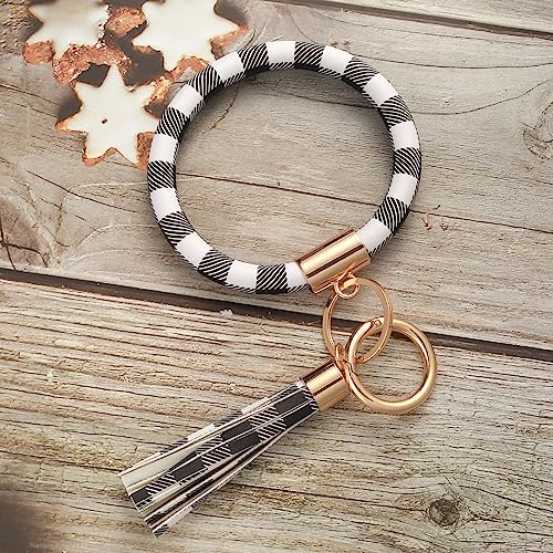 Coolcos Key Ring Bracelets Wristlet Keychain Bangle Keyring - Large Circle Leather Tassel Bracelet Holder For Women Gift (White Buffalo Plaid) - Thumbnail 2