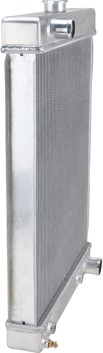 Speedway Motors 27 Inch Tall, Passenger Side Outlet Heavy-Duty Universal Automotive Cooling Radiator with Built-In Transmission Cooler, Centered Filler Neck, Downflow Aluminum Core