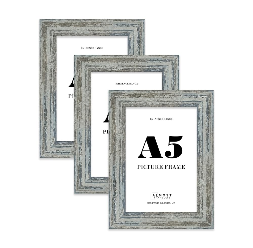 A5 Distressed Blue Picture Frame - Rustic Wood Industrial Effect Photo Frame for Wall Display, Ideal for Posters, Prints & Home Décor, Wall Hooks and Kickstand, 32mm Edge - 3 Pack
