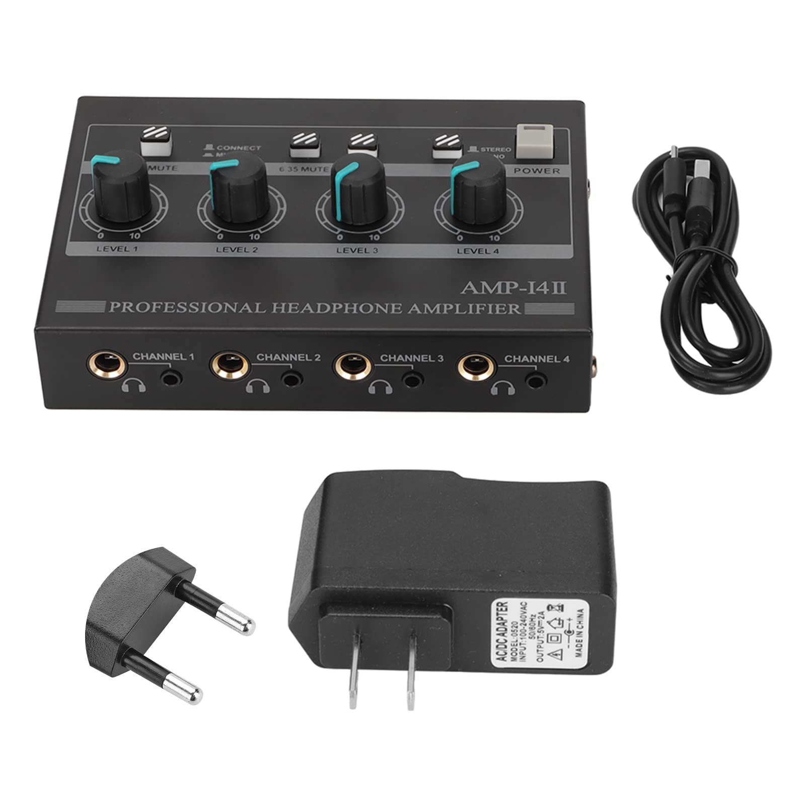 Bewinner Amplificateur de Casque 4 Canaux, Amplificateur de Casque Stéréo Portable Compact à 4 Voies avec Adaptateur 12 V 1,5 A pour Scène de Studio(EU)