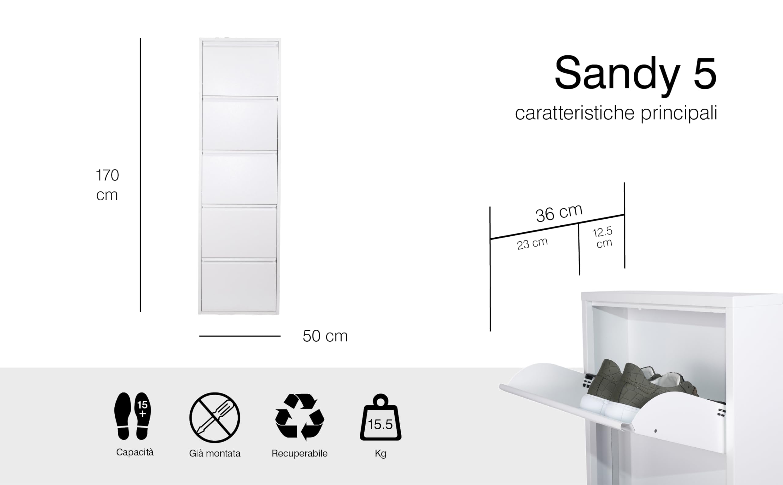 GENTILIN DESIGN Scarpiera Salvaspazio Slim 5 Ante, Portascarpe a Ribalta in Metallo Bianca, Già Montata, Interni/Esterni, P 13,5 x L 50 x H 170 cm