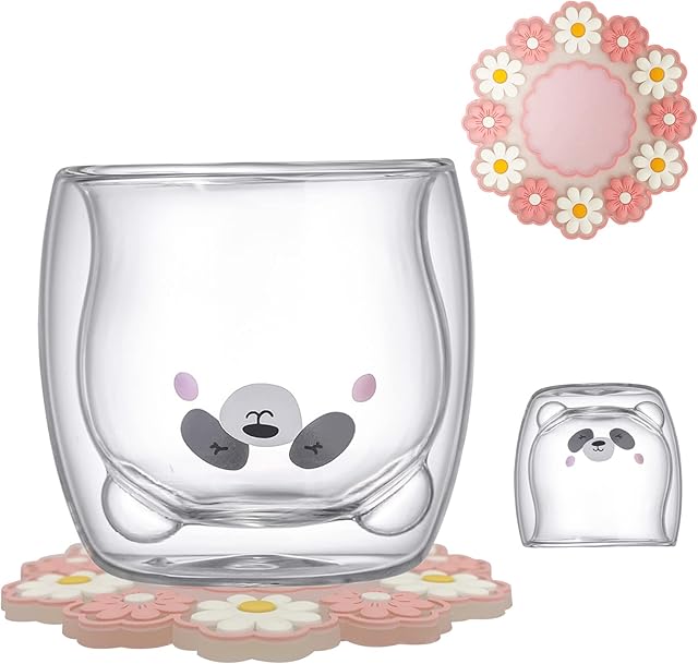 Cute Mugs Glass With Coasters Coffee Mug Double Wall Insulated Glasses With Pvc Soft sunflower Coaster Cup Cute Animal Tea Milk Cups Original Gift for Office and Personal Birthday (shy bear+Sunflower)