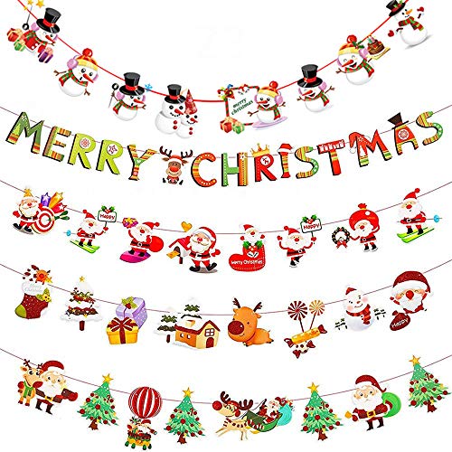 HoufuJC 5 Stück Merry Christmas Girlande, Weihnachten Banner, Papier Hängende Cartoon Banner, mit Mustern von Santa Claus Schneemann Rentier, für Weihnachtsdekorationen Cover
