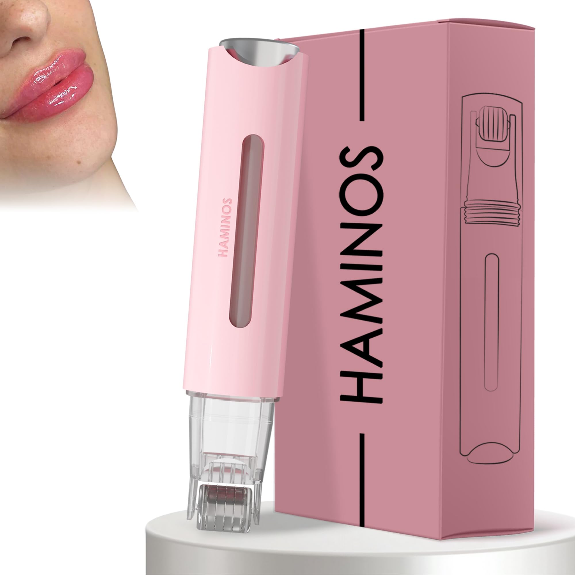 HAMINOS Derma roller 0,25 mm 2.0 con Serbatoio per Labbra, Pelle, Capelli, Rughe, Smagliature, Iperpigmentazione APPLICAZIONE DEL SIERO ISTANTANEO, 105 aghi in titanio