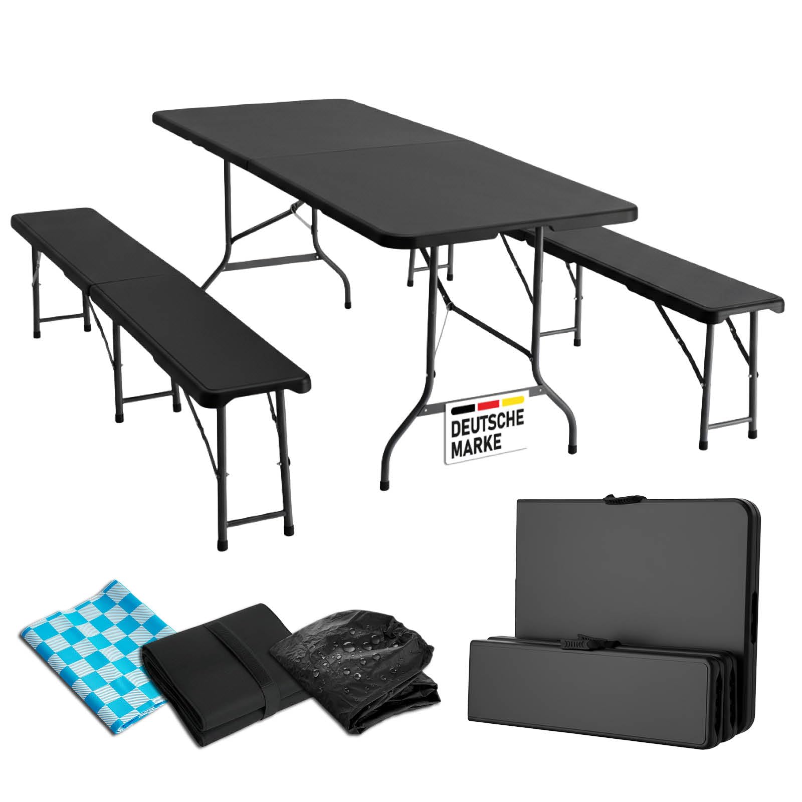 BRAST Bierzeltgarnitur Josef | 3er Set klappbar | 1x Tisch 180x74x74cm & 2X Sitzbank | für 10 Personen | 2 Varianten | inkl. Gratis Zubehör | Einrastsystem & Tragegriffe | Schwarz